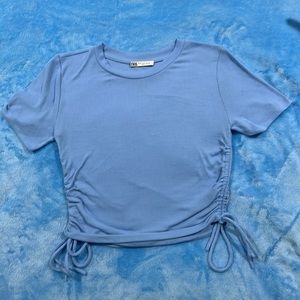 Zara Side Tie Blue Ribbed Adjustable Short Sleeve Medium Top